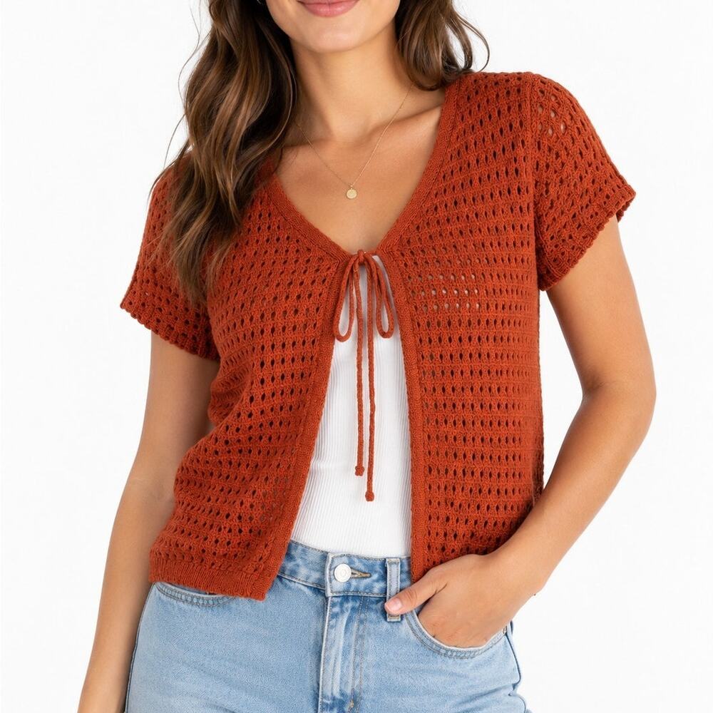 Burnt Orange Short Sleeve Crochet Tie Front Sweater